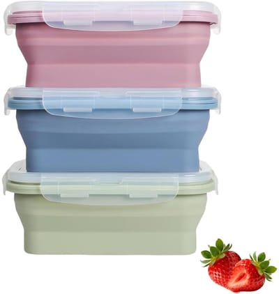 longziming -Opvouwbare Lunchbox - Inklapbare Voedselcontainer - Siliconen Bewaardoos - Ruimtebesparend Ontwerp - Lekkagevrij Ventiel - Levensmiddelenkwaliteit Silicoon - Ideaal Voor Onderweg - 3 Stuks