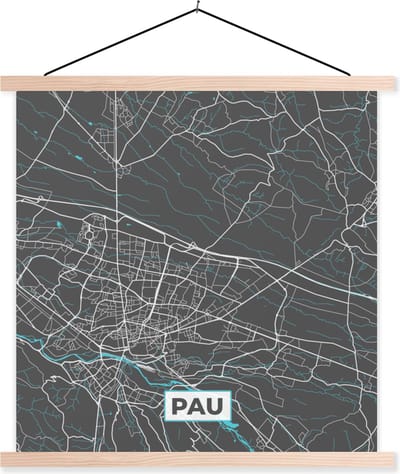 Posterhanger incl. Poster 40x40 cm - Schoolplaat - Kaart - Plattegrond - Pau - Frankrijk - Stadskaart - Textielposter - Blanke latten - Stadskaart