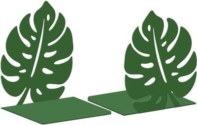 Decoratieve metalen boeksteunen voor boekenplanken, modern en stevig, 13.5cm x 11cm x 15.5cm, ideaal voor kantoor en thuis, set van 2 (Monstera)