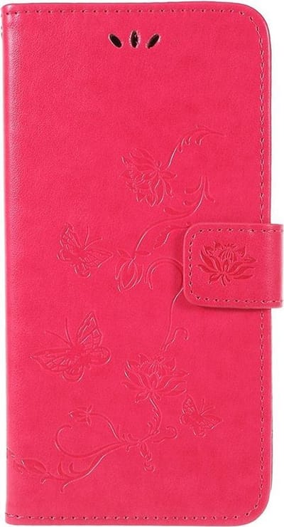 Shop4 - Geschikt voor Samsung Galaxy A6 Plus (2018) Hoesje - Wallet Case Bloemen Vlinder Donker Roze