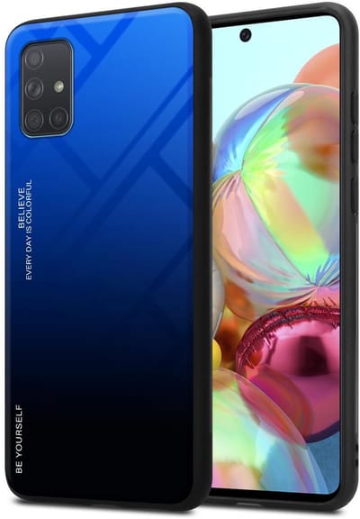 Cadorabo Hoesje geschikt voor Samsung Galaxy A71 4G in BLAUW - ZWART - Tweekleurige beschermhoes van TPU-silicone Case Cover en achterzijde van gehard glas