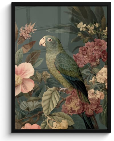 Poster in lijst - Fotolijst 60x80 cm - Posters - Groene papegaai - Kleurrijke bloemen - Donkere achtergrond - Posterlijst zwart - Decoratie - Wanddecoratie woonkamer - Muurdecoratie slaapkamer