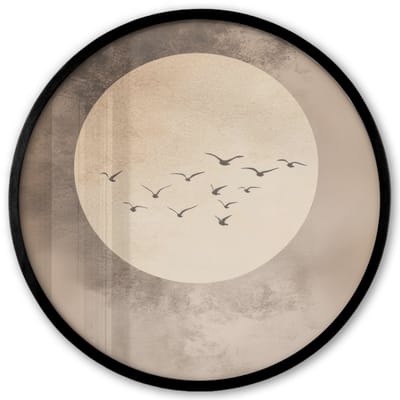 Poster in lijst Rond - Fotolijst 40x40 cm - Posters - Vogel - Beige - Japandi - Ronde posterlijst zwart - Decoratie - Wanddecoratie woonkamer - Muurdecoratie slaapkamer