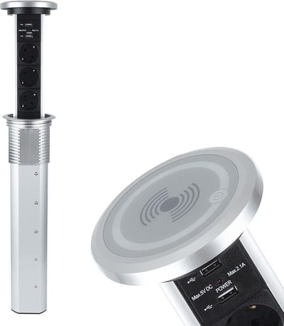 Design Light Liftbox - Stekkerdoos Automatisch – Qi-draadloze lader - Pop up stekkerblok met 3 stopcontacten en 2x USB A - Inbouw verdeelstekker -Aluminium