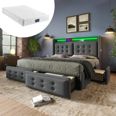 Opbergbed 140x200 cm met led-hoofdbord en USB-C-oplaadfunctie en 4 lades, tweepersoonsbed draagvermogen 300 kg, grijs, katoen (met matras)