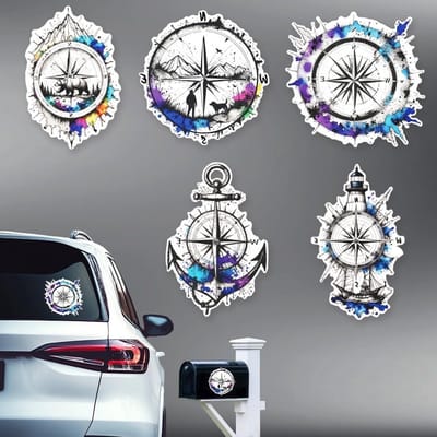 5 Stuks Kompas Auto Stickers - Kleurige Vinyl Stickers voor Raam en Carrosserie, Perfecte Decoratie voor Auto's en Voertuigen, 15.5 cm x