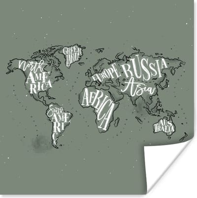 Poster 30x30 cm - Wereldkaart - Grijs - Wit - Letters - Posters - Kamer decoratie - Wanddecoratie woonkamer - Muurdecoratie slaapkamer