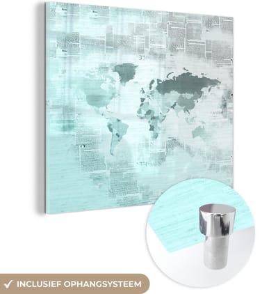 ® Glasschilderij 90x90 cm - Schilderij acrylglas - Wereldkaart - Blauw - Wit - Krant - Foto op glas - Muurdecoratie woonkamer - Wanddecoratie slaapkamer - Schilderijen