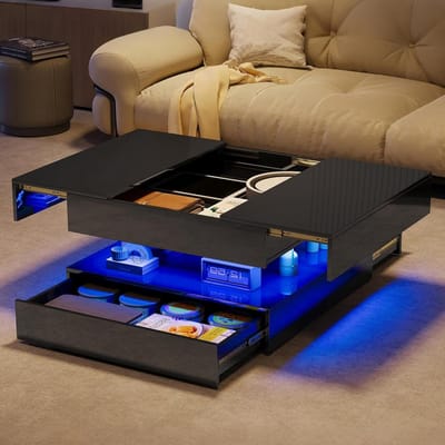 Salontafel met LED - Bijzettafel Woonkamer - Woonkamer Inrichten - Verborgen Opbergruimte - 78 x 78 x 43 cm - Zwart