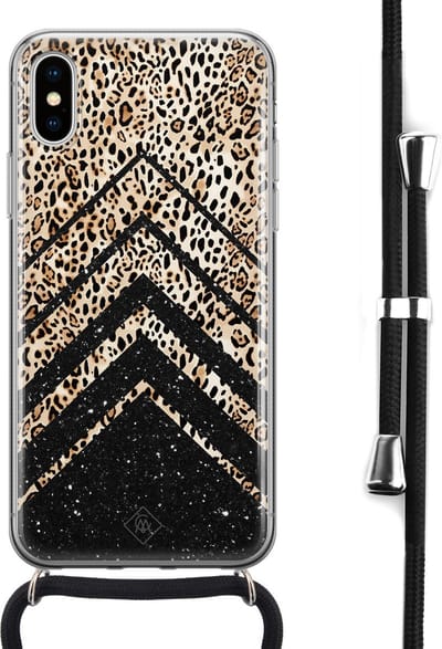 Casimoda® hoesje met koord - Geschikt voor iPhone Xs - Chevron Luipaard - Afneembaar koord - Siliconen/TPU - Bruin/beige