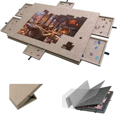 Puzzelbord Met Opbergers - Legpuzzel Tafel - Puzzels Maken - Verstelbare Hoek Met Deksel - 90x63cm 1500 Stukjes - Donker Beige