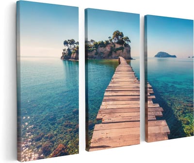 Artaza Canvas Schilderij Drieluik Pad Op Het Water Naar Een Grieks Eiland  - 120x80 - Foto Op Canvas - Canvas Print