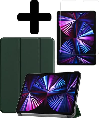 Hoesje - Geschikt voor Apple iPad Pro (2021) - 11 inch - 3e generatie - Met Screenprotector - Hardcover Book Case - Trifold Bookcase Hoes - Hard Cover - Tablethoes - Donkergroen