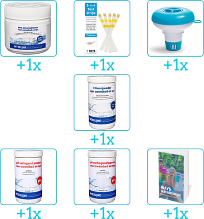 Zwembad Onderhoudspakket - Onderhoud Zwembad - bevat Chloor - Testrips - Chloordrijver - Chloor - PH-min - PH-plus en Zwembadgids (7-delig)