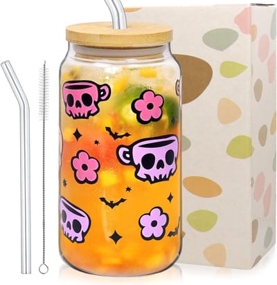 Glazen Drinkbeker met Deksel en Rietje, 500 ml, Ideaal voor Ijskoffie, Thee en Melk, Halloween Thee Beker met Skeletontwerp