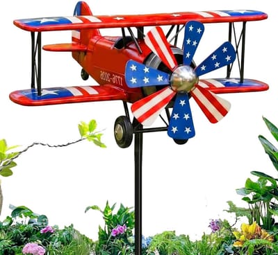 Vliegtuig Windspinner - Patriottische Decoratie - Tuin Versieren - Dubbeldekker Design - 22x22 cm - Rood Wit Blauw