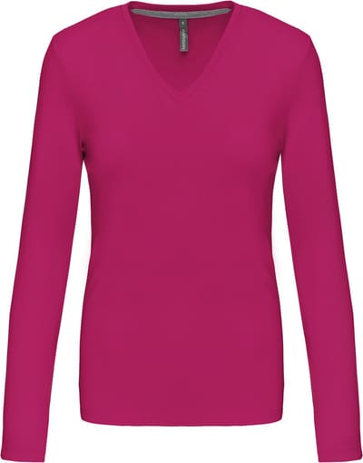 Kariban Dames t-shirt V-hals lange mouwen K382 - Fuchsia - 3XL