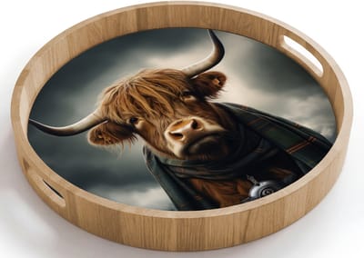 Dienblad rond 40x40 cm - Schootdienblad hout - Schotse hooglander - Sjaal - Bergen - Borrelplank rechthoek - Plateau houten dienbladen