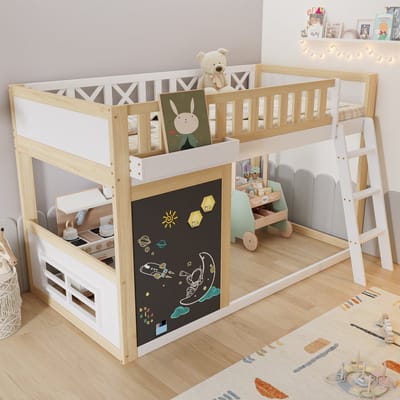 Hoogslaper 90x200cm - kinderbed - met een klein schoolbord - met opbergdozen - verstelbare opbergruimte onder het bed - houtkleur - zonder matras