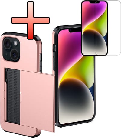 Hoes Geschikt voor iPhone 14 Hoesje Pasjeshouder Hard Cover Met Screenprotector Shock Proof Hard Case Hoes Met Kaarthouder - Rosé goud