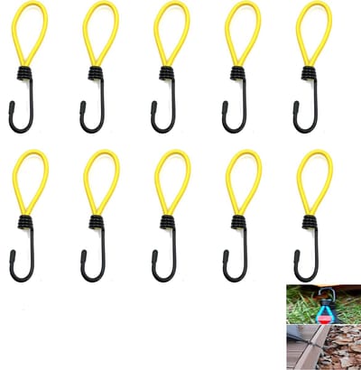 10-stuks Spanelastiek met haak - Elastische koorden - Spanbanden met haakjes - Kampeer elastiek - Buitenaccessoires - Flexibel, eenvoudig vast te maken, compact - Rubber en metaal - 16×2,6 cm - Geschikt voor tent, auto en kamperen - Geel
