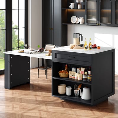 MEUNIQ Uitschuifbare bartafel 133-202 x 70 x 93,5 cm met opbergruimte, 2 lades, open vakken en zijvakken, keuken eilandtafel voor 2-6 personen, zwart
