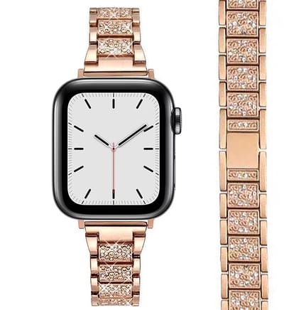 Stravo Luxe Smal Diamant Horlogebandje – Geschikt voor Apple Watch 46mm (Series 10/11), 45mm (Series 7/8/9), 44mm (Series 4/5/6, SE 1/2/3), 49mm (Ultra 1/2/3) – Elegant Sieraden Bandje voor Dames – Roségoud
