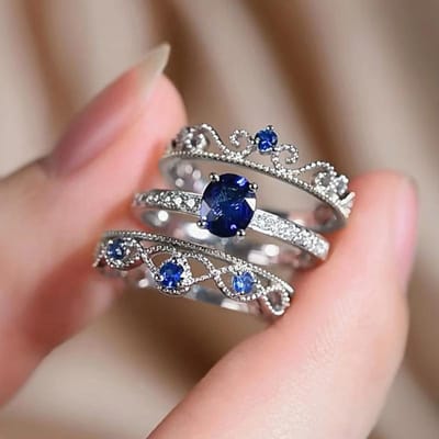 Huitan Nobele Blauwe CZ 3-delige Set Ringen voor Vrouwen Bruiloft Feest Nieuwe Moderne Mode Vrouwelijke Accessoires Zilverkleurige Luxe CZ Sieraden 8 gray