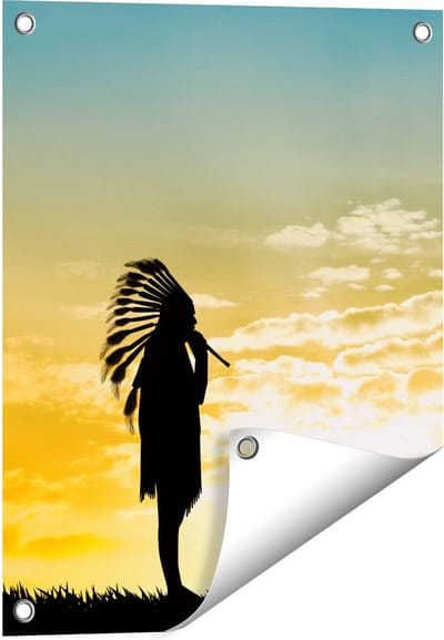 Gards Tuinposter Twee Silhouetten van Indianen bij Zonsondergang - 40x50 cm - Tuindoek - Tuindecoratie - Wanddecoratie buiten - Tuinschilderij