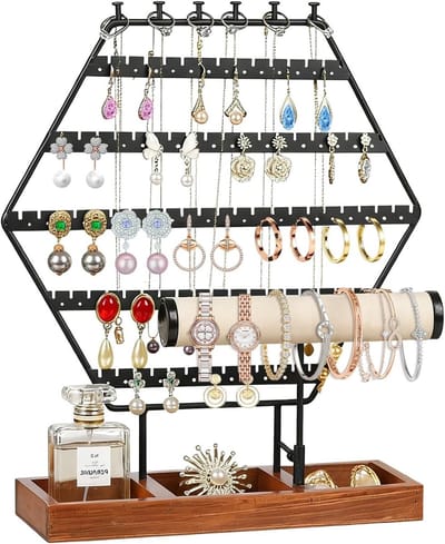 Houten Sieradenhouder met 12 Haken, Organiser voor Oorbellen, Armbanden, Kettingen en Ringen, Ideaal voor Lades en Tafels