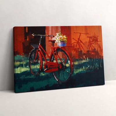 Wallfluent Foto Op Canvas Een fiets met een bloemstuk - 60 x 40 cm - Rood Schilderij Op Canvas - Voertuigen Foto Op Doek - Imitatie van een olieverfschilderij Schilderij Doek - Kunst Schilderij Canvas