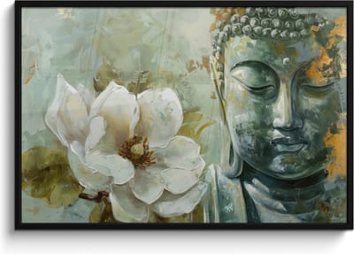 Poster in lijst - Fotolijst 120x80 cm - Posters - Boeddha - Groen - Lotusbloem - Wit - Posterlijst zwart - Decoratie - Wanddecoratie woonkamer - Muurdecoratie slaapkamer