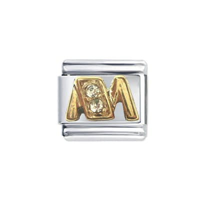 Schakel Bedel - Letter M - met strass - 9mm- Geschikt voor 9mm Schakel voor Italiaanse Bedelarmband - Piano - Plated