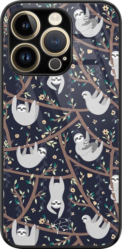 Hoesje geschikt voor iPhone 14 Pro - Luiaard - Luxe Hard Case - Print - Zwart - Mooie Telefoonhoesjes