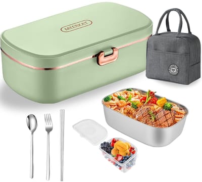 Dailygoods - Elektrische lunchbox, draagbare voedselverwarmer, thermoskan voor warm eten, inclusief hoogwaardige thermische tassen en servies van roestvrij staal. (groen)