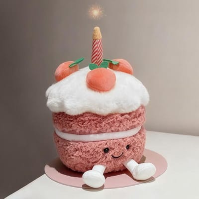 Kawaii Glimlachende Taartvormig Pluche Speelgoed Zacht Gevuld Kersendessert Poppetje Met Kaars Voor Verjaardag Kerst Kinderen Knuffelbaar Huisfeest Decor white