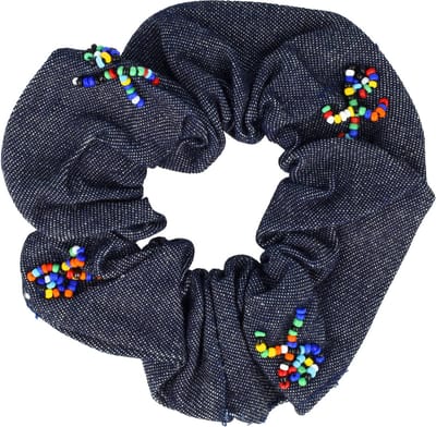 Haarsoires Haarelastiek Scrunchie – Ibiza Kralen – Jeans Stof – Blauw - Haarkrinkel - Haar Elastiek met Stof - Zacht & Haarvriendelijk