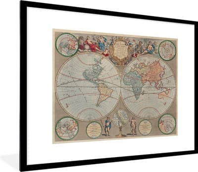 Poster in lijst - Fotolijst 80x60 cm - Posters - Wereldkaart - Retro - Wereldbol - Posterlijst zwart - Decoratie - Wanddecoratie woonkamer - Muurdecoratie slaapkamer