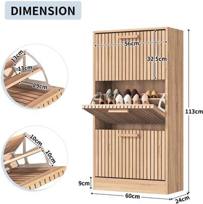 Casa Living Schoenenkast - Schoenenrek - Opbergkast - Kast - 60x24x113cm - Hout - Rotan - Anti kantel - Japandi - Eikenhout