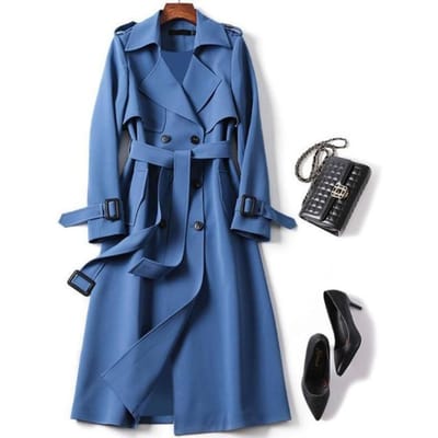 Dameswindjack Lang Lente en Herfst Effen Kleur Temperament Lange mouwen Revers Double-breasted Japans XXXL blauw