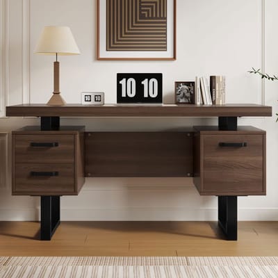 Pugsdrly 135 x 54 cm enkel bureau, MDF en stalen buizen van hoge kwaliteit, stille lade, ordnerlade, ruim, spatwaterdicht bureaublad, efficiënte opslag, bruin