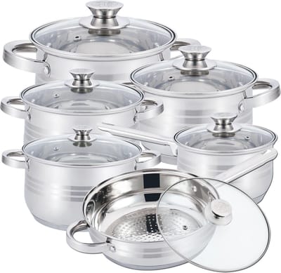 Pannenset met Glazen Deksel - 12-delig - RVS - Inductie - Zilver