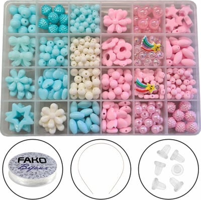 Fako Bijoux - Kralen Set Pastel - Acryl - Sieraden Maken - Box - 400 Stuks - Blauw/Wit/Roze