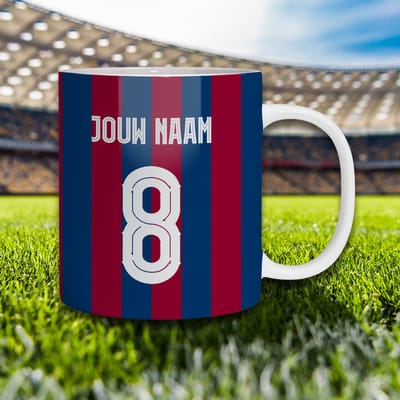 Barcelona Voetbal Mok - Gepersonaliseerd Met jouw Naam en Nummer - Voetbal Shirt Op Mok - 325 ml - Koffiemok - Voetbal Cadeau