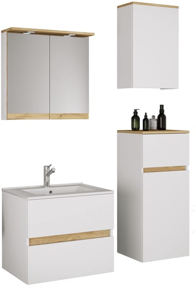 VCM 5-tlg. Waschtisch Set mit Keramikbecken, Badschrank mit 2 Softclose-Schubladen, Midischrank, Hängeschrank, Spiegelschrank mit Beleuchtung und Steckdose, Maße Unterschrank H. 51 x B. 61 x T. 47 cm, Cosila-I
