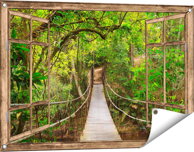 Gards Tuinposter Doorkijk Hangbrug - 90x60 cm - Tuindoek - Tuindecoratie - Wanddecoratie buiten - Tuinschilderij
