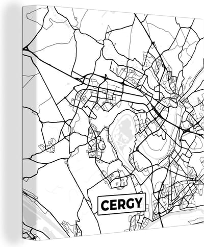 Canvas Schilderij Kaart - Cergy - Plattegrond - Frankrijk - Stadskaart - Zwart wit - 20x20 cm - Wanddecoratie