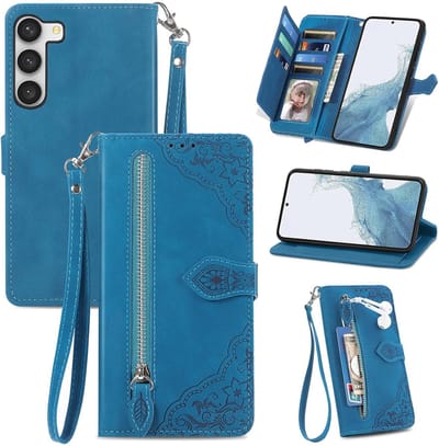 YPCd Portemonnee Bookcase Hoesje Geschikt voor Samsung Galaxy S23 – PU Leren Wallet Flip Cover met Ritssluiting – Pasjesvakken & Polsbandje – Standfunctie - Bloemen – Blauw