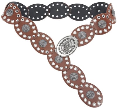 Dailygoods - Vintage riem, 106 x 6 cm, met schijven, verstelbaar, breed, kunstleer, bruin, opengewerkt, boho-stijl, westernstijl, dik, met zilverkleurige gesp, ideaal voor Halloween, middeleeuwse stijl