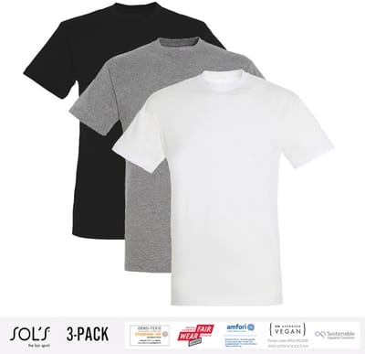 3 Pack Sol's Heren T-Shirt 100% biologisch katoen Ronde hals Zwart, Grijs en Wit Maat M